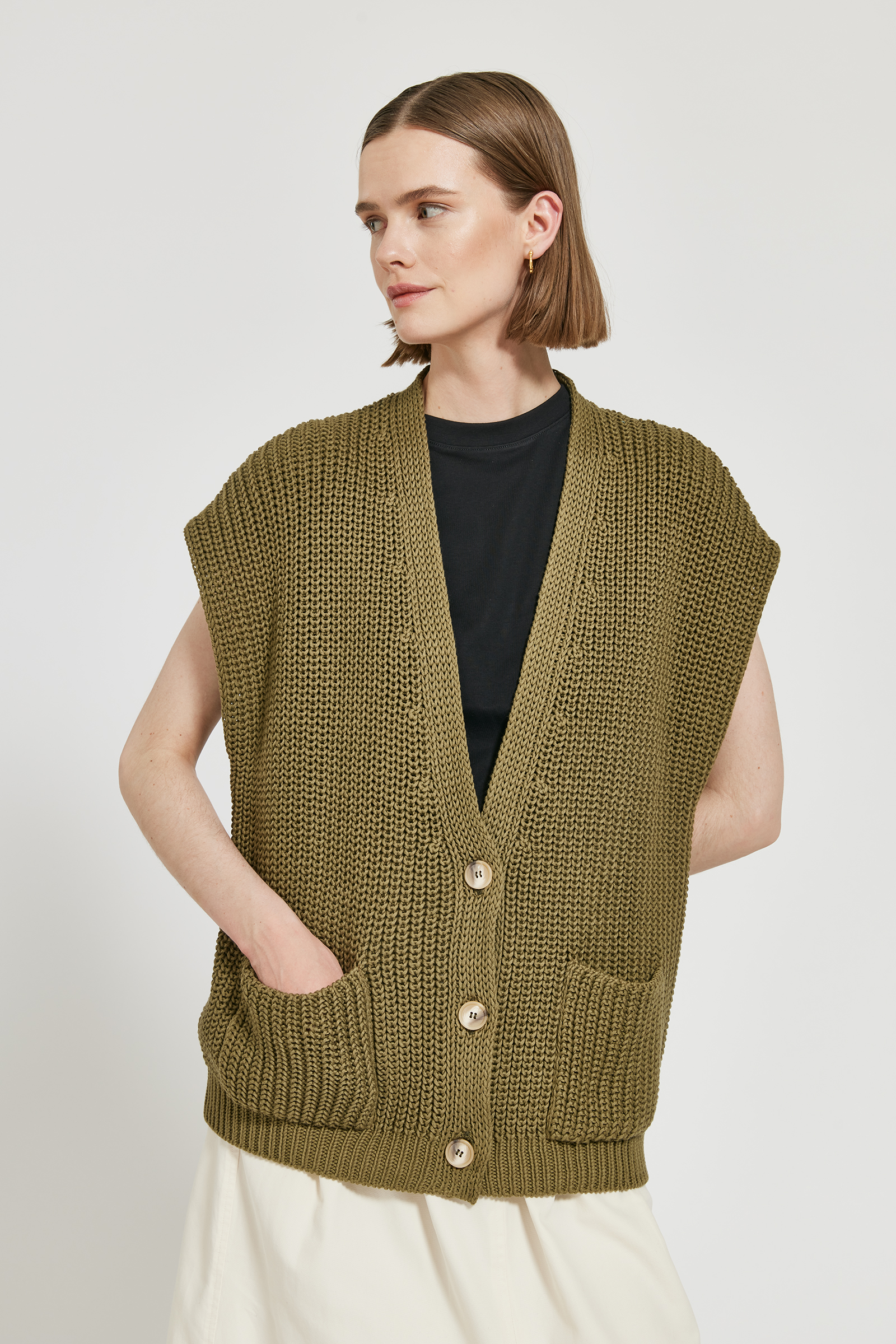 Meg organic cotton dropped shoulder cardigan - Olive - MASKA