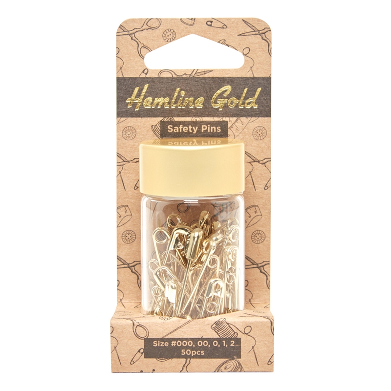 SÄKERHETSNÅL SORT. STORLEKAR 50 ST. "HEMLINE GOLD"