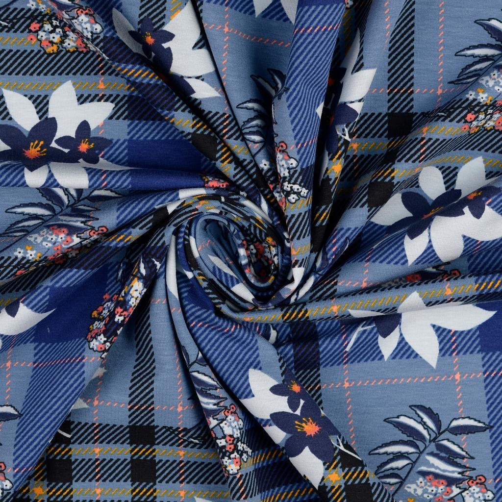 Bomulls Jersey Blommig Tartan Blå - 2