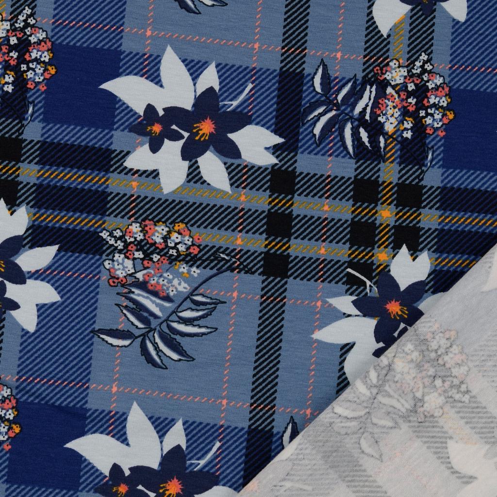 Bomulls Jersey Blommig Tartan Blå - 3