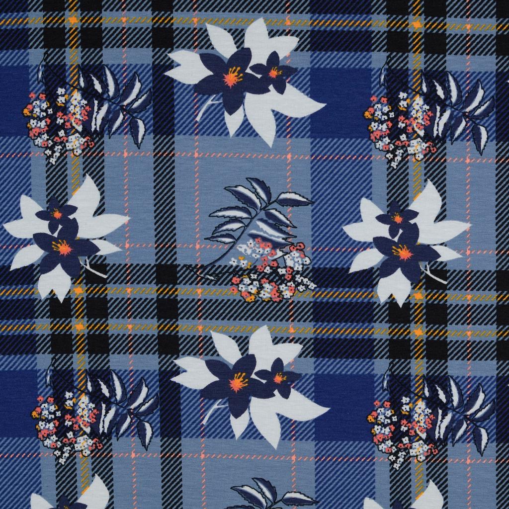 Bomulls Jersey Blommig Tartan Blå