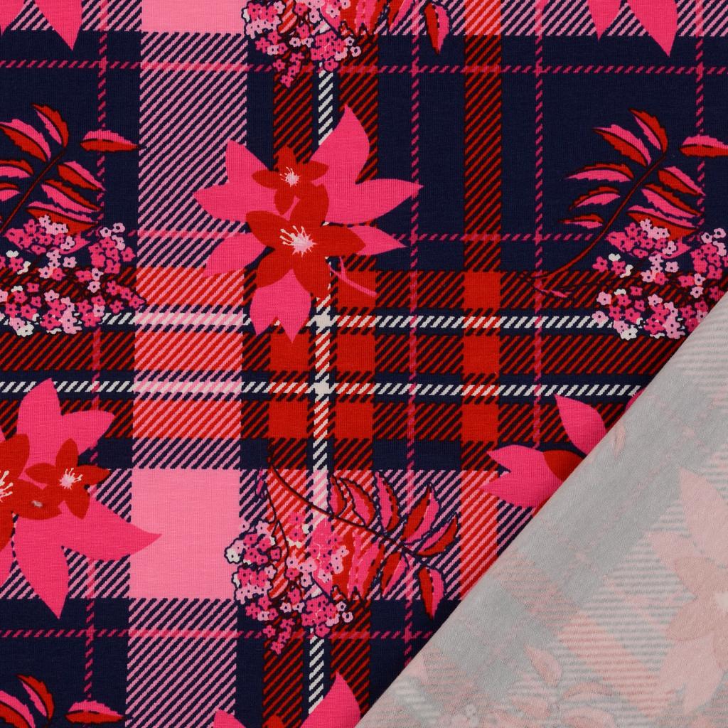 Bomulls Jersey Blommig Tartan Rosa - 3