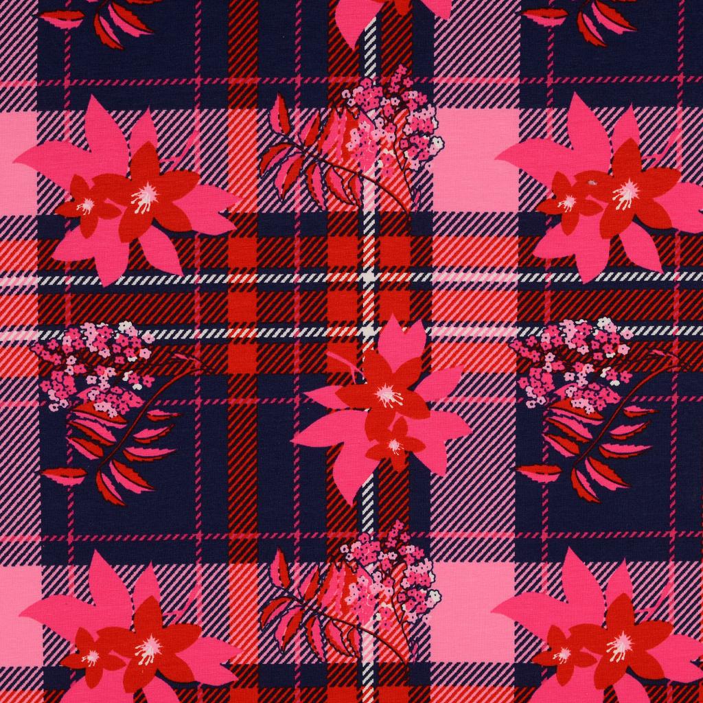 Bomulls Jersey Blommig Tartan Rosa