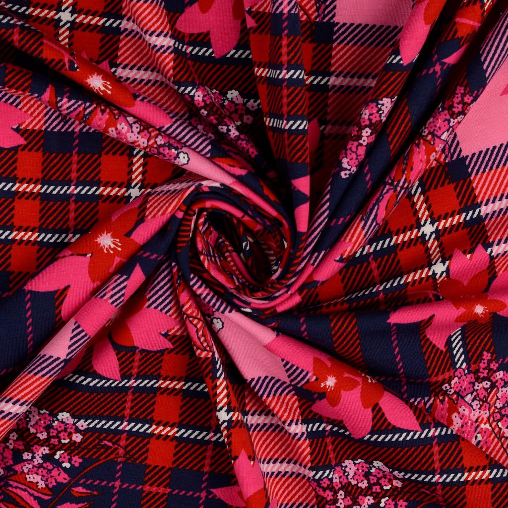 Bomulls Jersey Blommig Tartan Rosa - 2