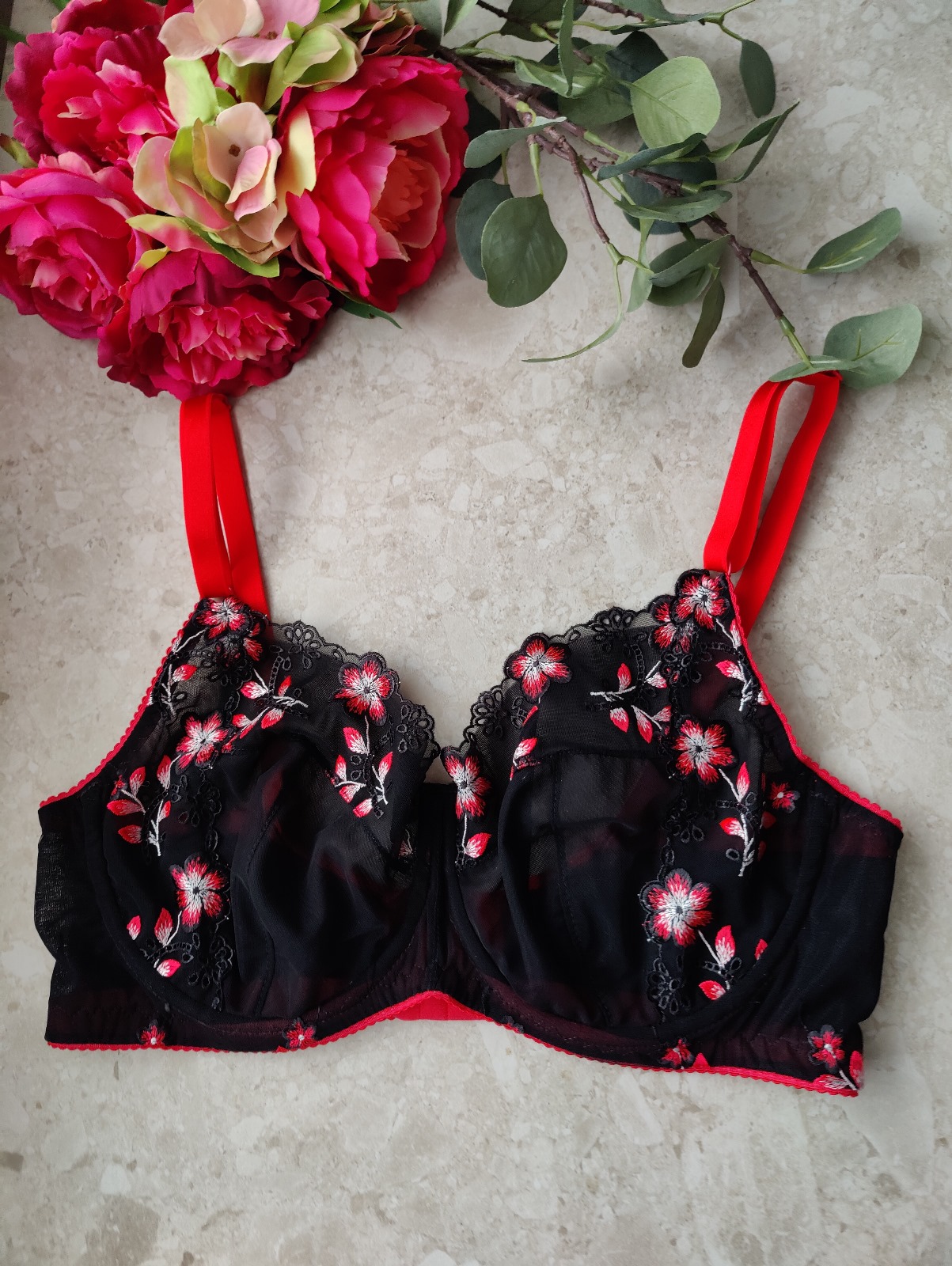 Black & Red Rose Bra Making Fabric and Non Stretch Lace Bundled