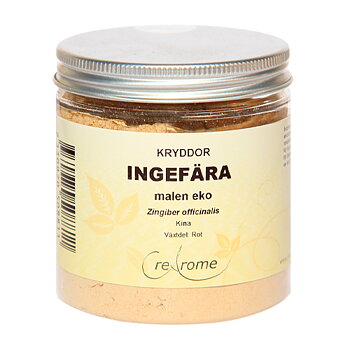 En rund burk som det står eko ingefära 100g på