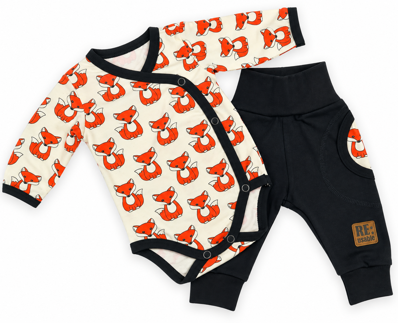 Babyset i bomull med rävar – omlottbody & byxa | 50/56