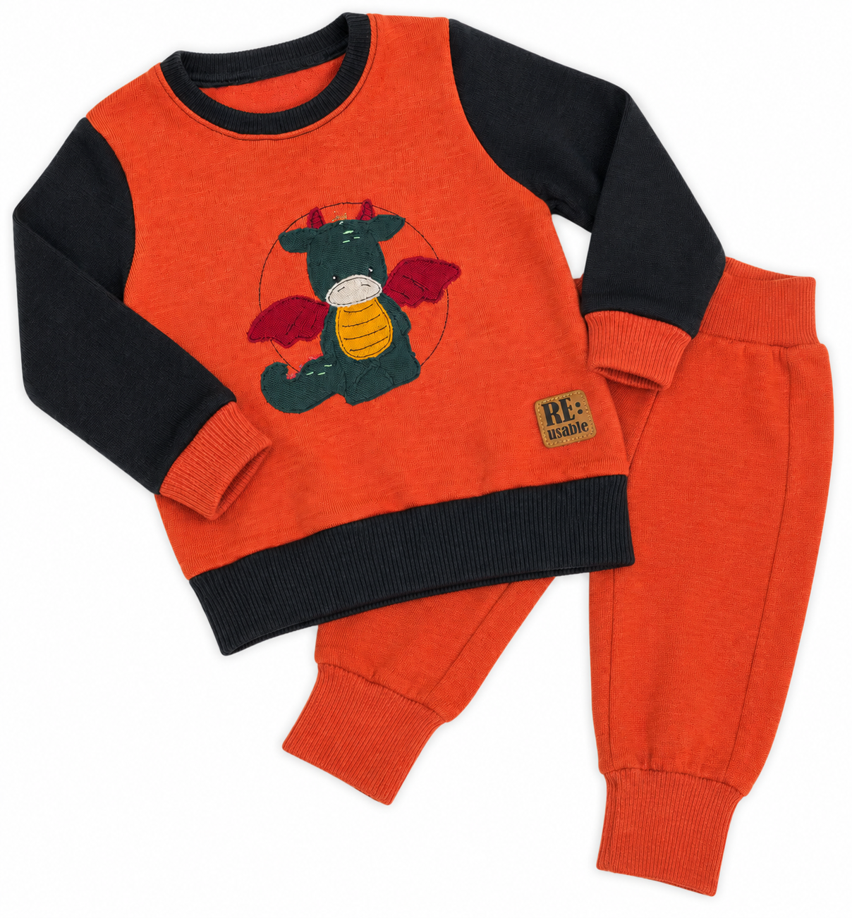 Ullset Reuse i 100 % merinoull – orange med drake | 86/92