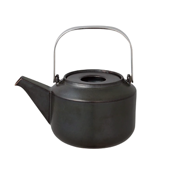 En stilren japansk tekanna i svart och med en tesil.