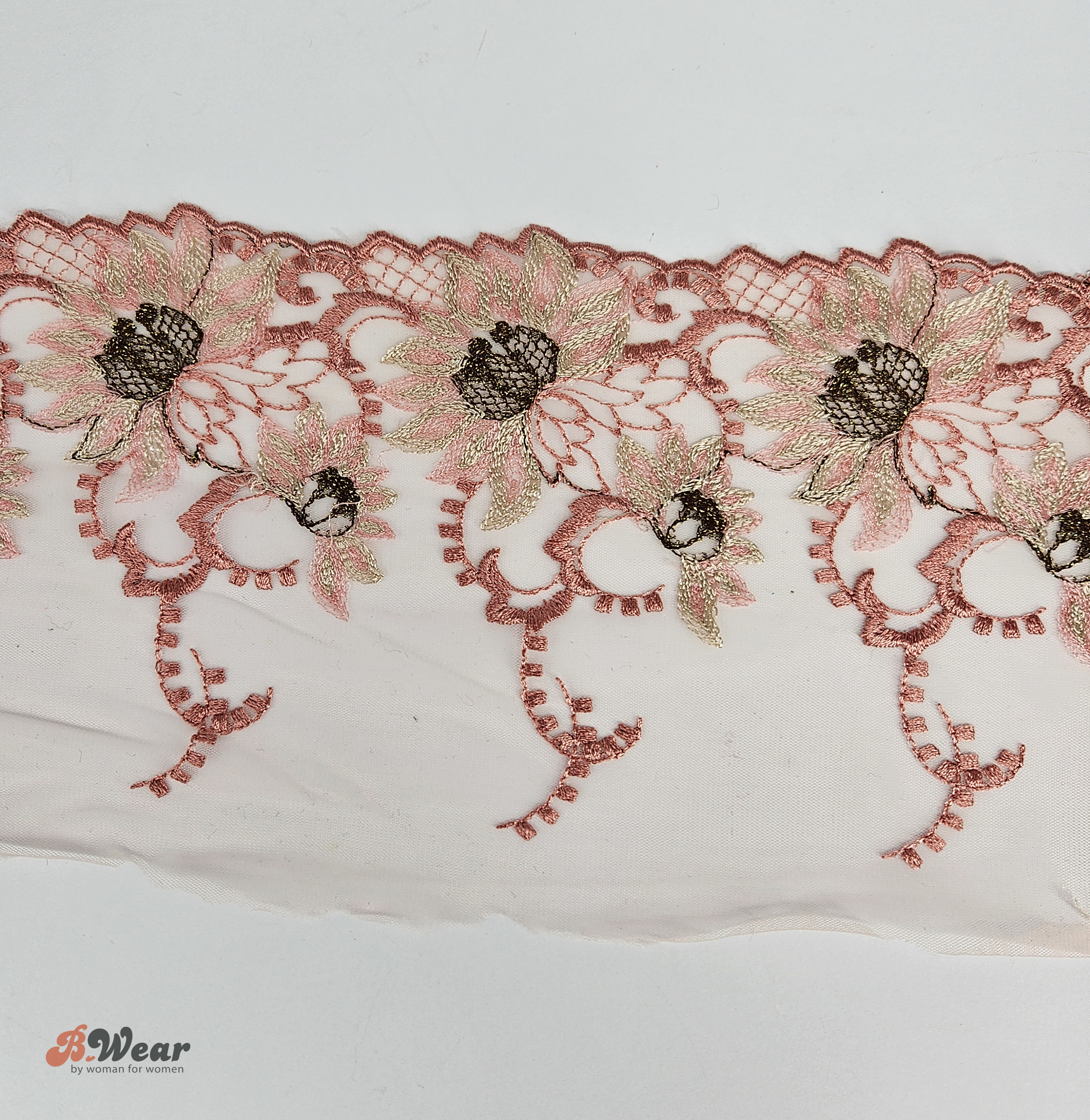 Non-stretch Oldpink lace with beautiful flowers - 15 cm