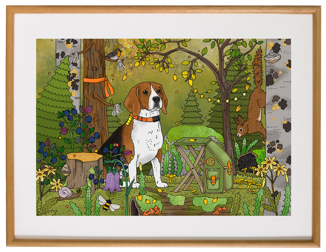 Affisch Beagle i höstskog, 30x40 cm