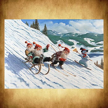 Tomte kul i kälkbacken - Kylskåpsmagnet Jan Bergerlind 10 x 7 cm - M4