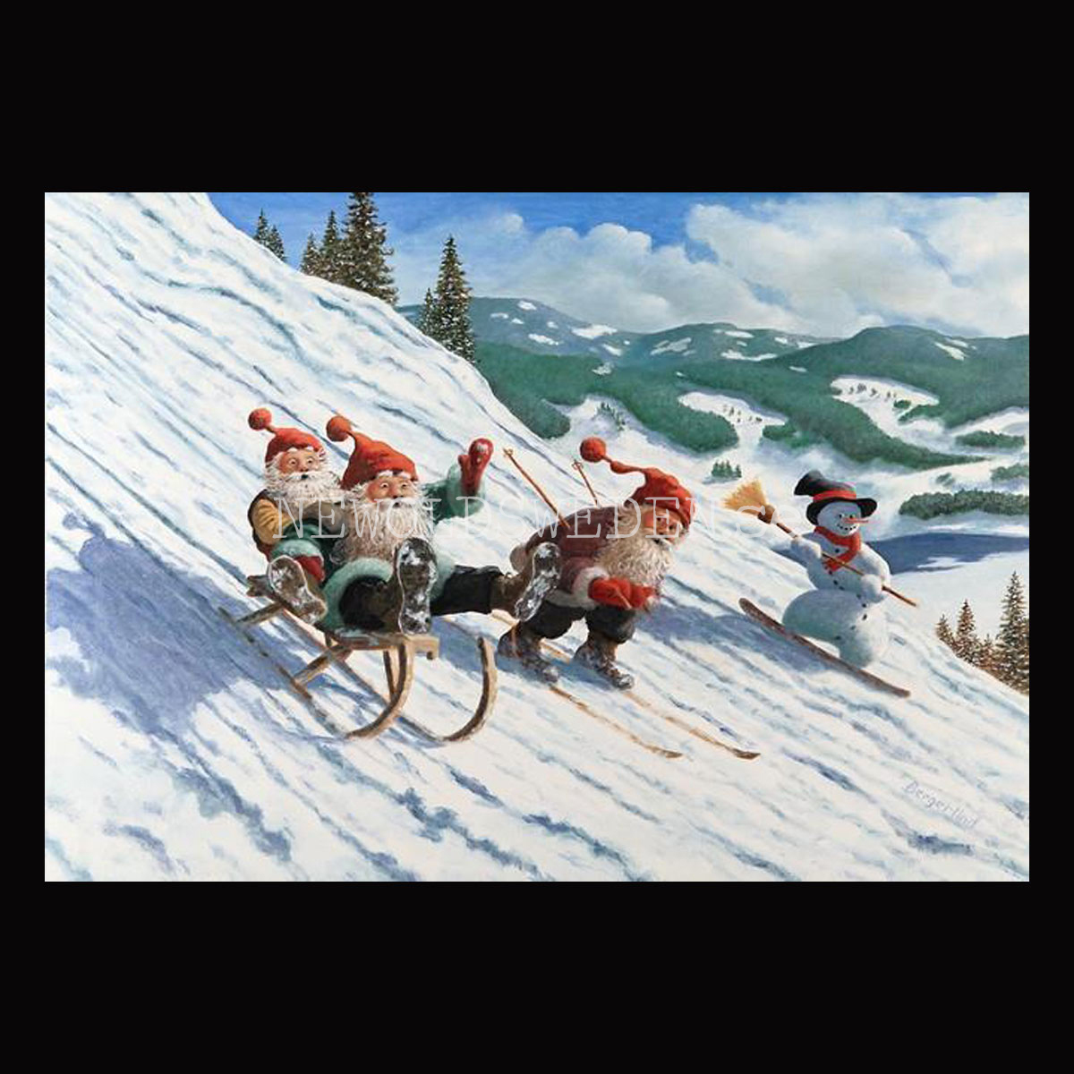 Tomte kul i kälkbacken - Kylskåpsmagnet Jan Bergerlind 10 x 7 cm - M4