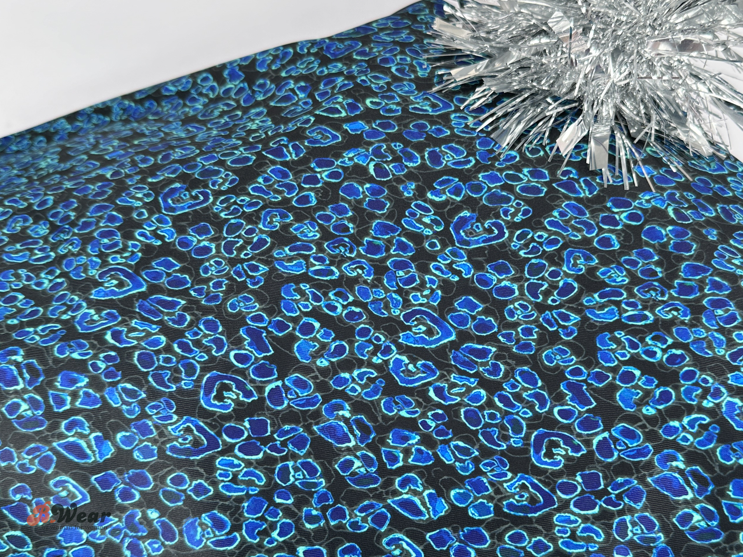 Black lingerie satin with cornflower blue pattern