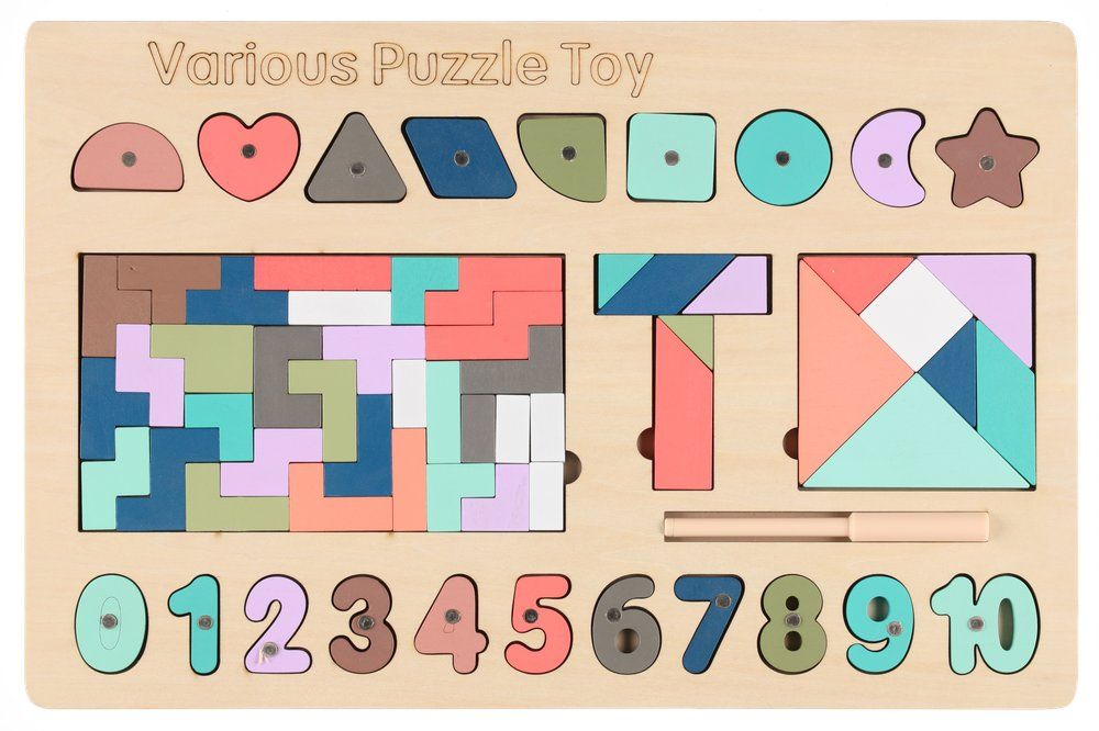 Wooden puzzle shapes and numbers