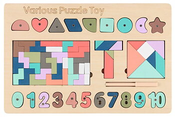 Wooden puzzle shapes and numbers