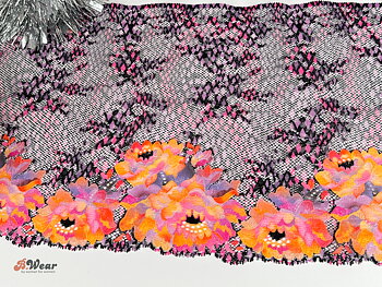 Lilacblack stretch lace with orange-purple flowers - 25 cm