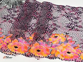 Lilacblack stretch lace with orange-purple flowers - 25 cm