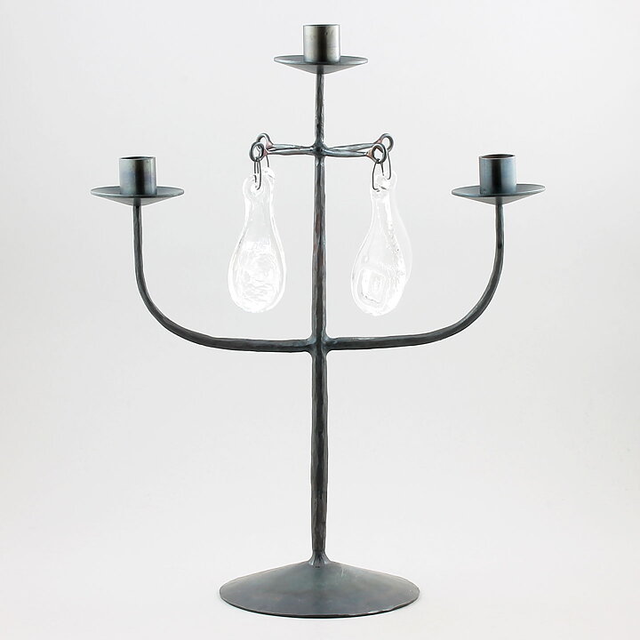 Erik Höglund (1960s) Metal Candleholder with 3 Arms and 4 Clear Glass Medallions 40 cm SH28