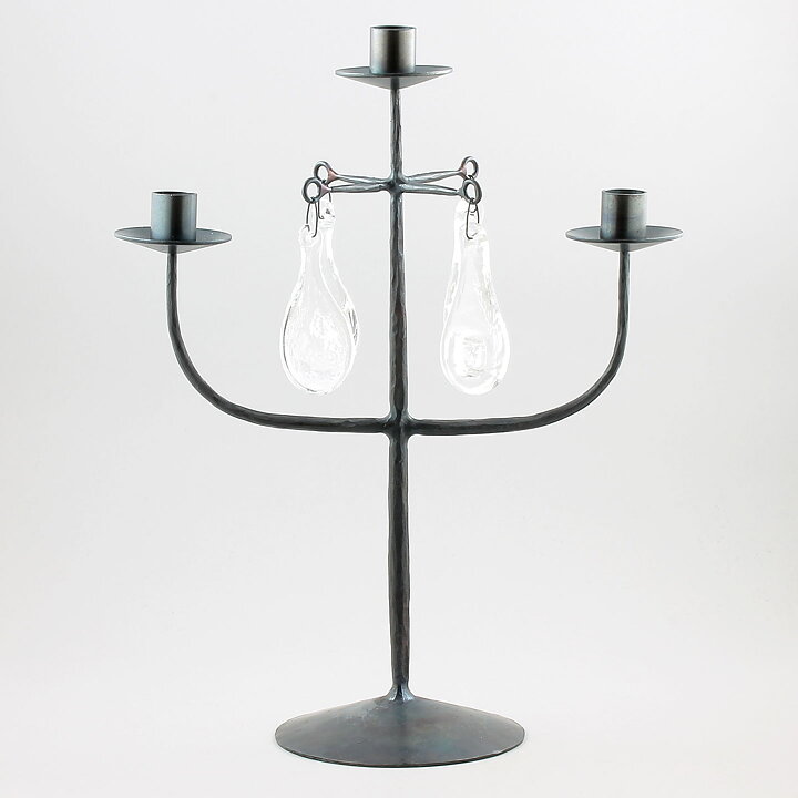 Erik Höglund (1960s) Metal Candleholder with 3 Arms and 4 Clear Glass Medallions 40 cm SH28