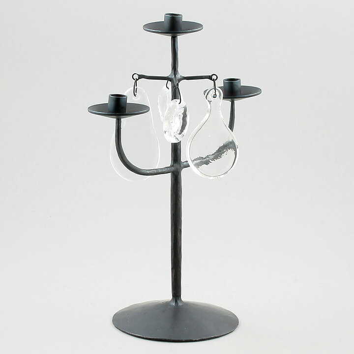 Erik Höglund (1960s) Metal Candleholder with 3 Arms and 4 Clear Glass Medallions 26 cm SH78