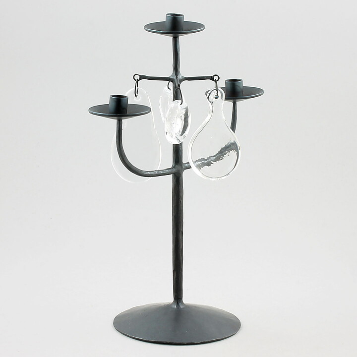 Erik Höglund (1960s) Metal Candleholder with 3 Arms and 4 Clear Glass Medallions 26 cm SH78