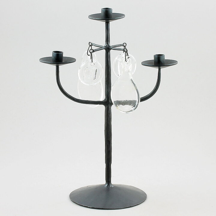 Erik Höglund (1960s) Metal Candleholder with 3 Arms and 4 Clear Glass Medallions 26 cm SH78