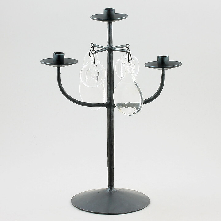 Erik Höglund (1960s) Metal Candleholder with 3 Arms and 4 Clear Glass Medallions 26 cm SH78