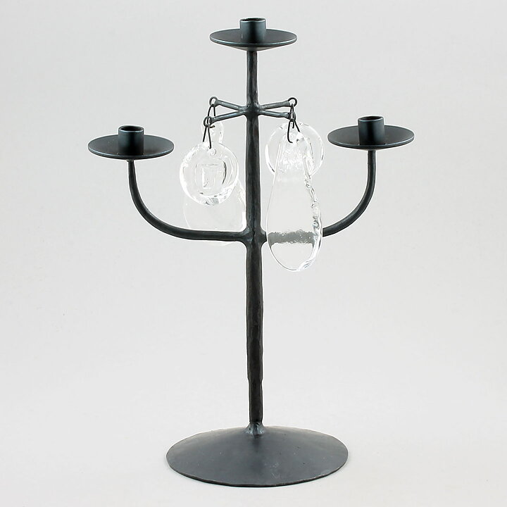 Erik Höglund (1960s) Metal Candleholder with 3 Arms and 4 Clear Glass Medallions 26 cm SH78