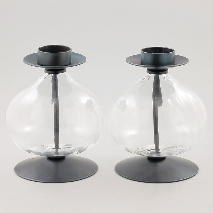 Erik Höglund (1960s) Two Metal Candleholders with Clear Glass Sections 16 cm