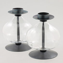 Erik Höglund (1960s) Two Metal Candleholders with Clear Glass Sections 16 cm