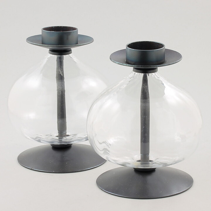 エリック・ホグラン  金属製のキャンドルホルダー  クリアなガラス  2個セット  (16cm)  1960年代 
