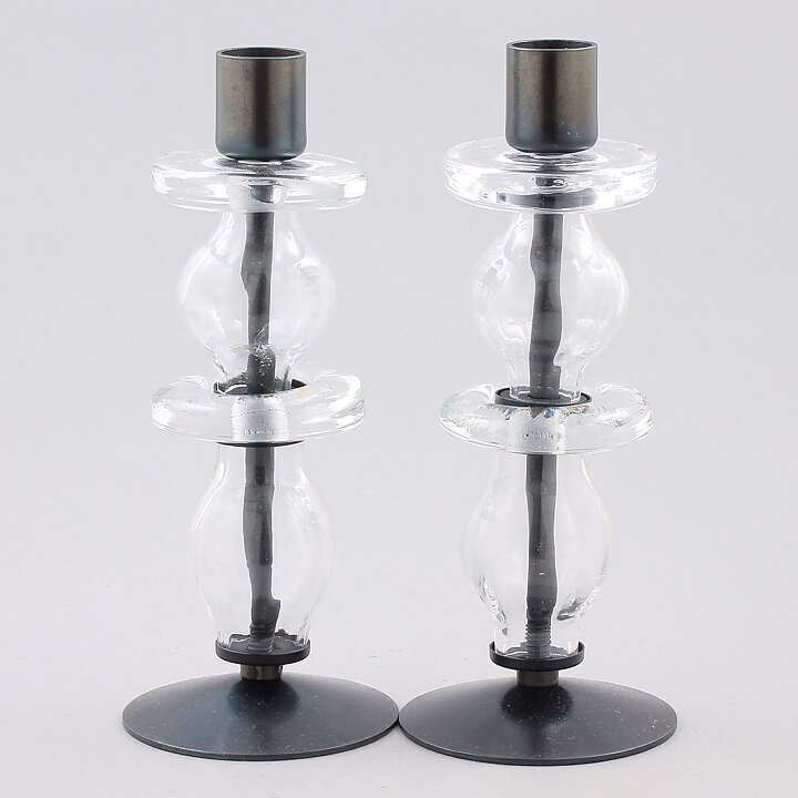 Erik Höglund (1960s) Two Metal Candleholders with Clear Glass Sections 19 cm
