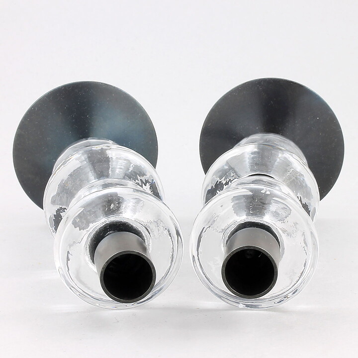 Erik Höglund (1960s) Two Metal Candleholders with Clear Glass Sections 19 cm