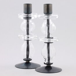 Erik Höglund (1960s) Two Metal Candleholders with Clear Glass Sections 19 cm