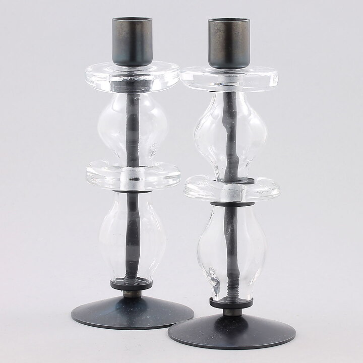 Erik Höglund (1960s) Two Metal Candleholders with Clear Glass Sections 19 cm