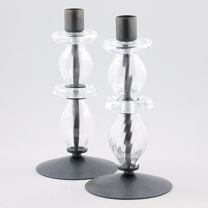 Erik Höglund (1960s) Two Metal Candleholders with Clear Glass Sections 21 cm