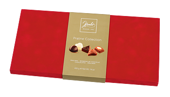 Röd presentask med sammetsomslag med belgiska praliner