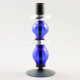 Erik Höglund (1960s) Metal Candleholders with Blue Glass Sections 19 cm