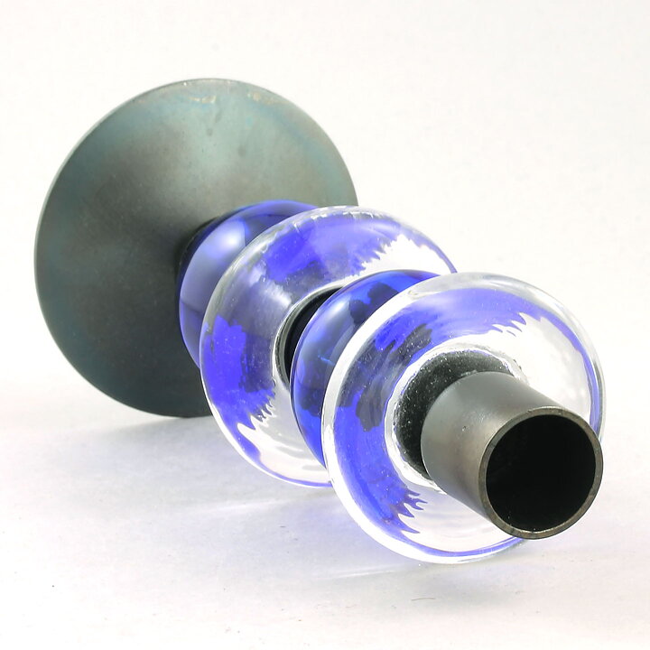 Erik Höglund (1960s) Metal Candleholders with Blue Glass Sections 19 cm
