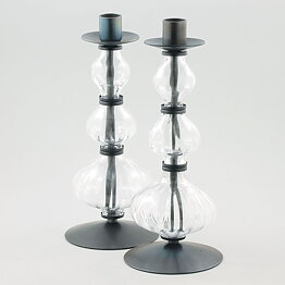 Erik Höglund (1960s) Two Metal Candleholders with Clear Glass Sections 25 cm