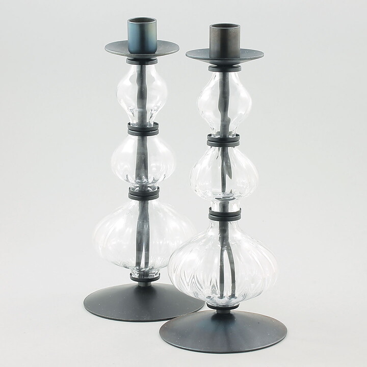 Erik Höglund (1960s) Two Metal Candleholders with Clear Glass Sections 25 cm