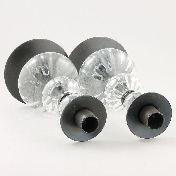 Erik Höglund (1960s) Two Metal Candleholders with Clear Glass Sections 25 cm