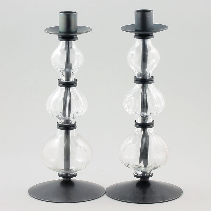 Erik Höglund (1960s) Two Metal Candleholders with Clear Glass Sections 25 cm