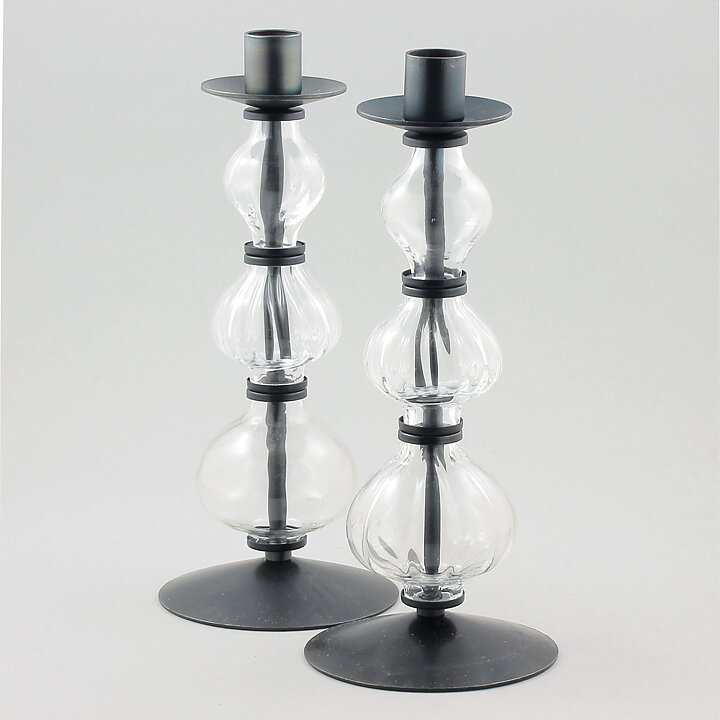Erik Höglund (1960s) Two Metal Candleholders with Clear Glass Sections 25 cm