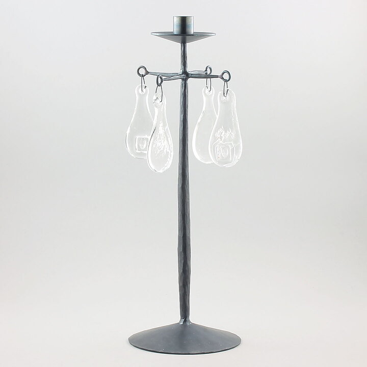 Erik Höglund (1960s) Metal Candleholder with One Arm and Four Clear Glass Medallions 40 cm