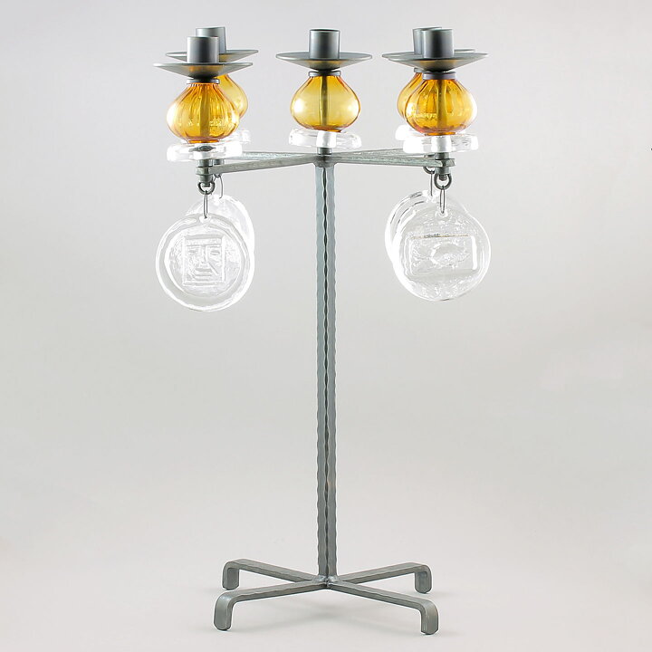 Erik Höglund (1960s) Metal Candleholder with 5 Arms and Brown/Clear Glass Details 49 cm SH51