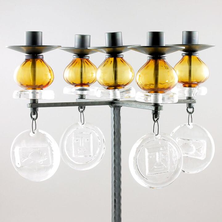 Erik Höglund (1960s) Metal Candleholder with 5 Arms and Brown/Clear Glass Details 49 cm SH51