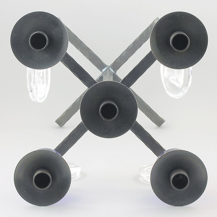 Erik Höglund (1960s) Metal Candleholder with 5 Arms and Blue/Clear Glass Details 49 cm SH51