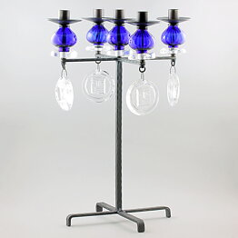 Erik Höglund (1960s) Metal Candleholder with 5 Arms and Blue/Clear Glass Details 49 cm SH51
